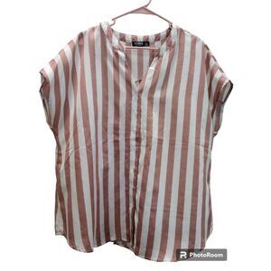 Yoins Clay Vertical white stripe loose‎ v-neck short sleeve top